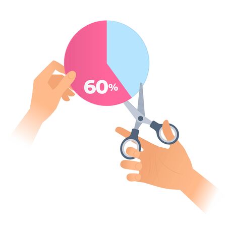 Human hand is using a scissors to cut a 60 percent section of pie chart off. Flat illustration of steel office shears with plastic handles cutting out a percentage from profit. Vector business conceptのイラスト素材