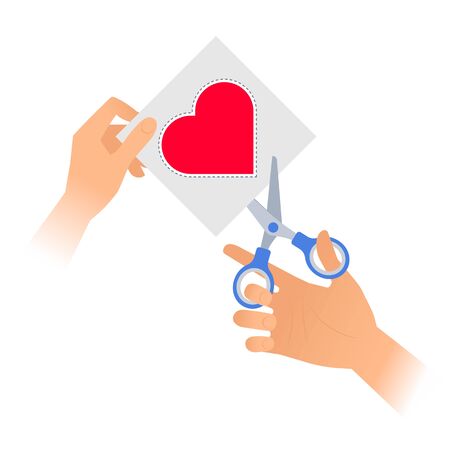 Human hand with a pair of scissors cuts out a heart from paper. Flat vector illustration of red heart shape with dotted line on a piece of sheet and a steel office shears with plastic handles.のイラスト素材