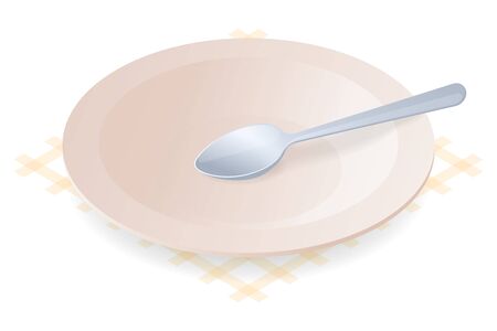 Flat isometric illustration of empty plate for soup, spoon inside. The ceramic dish of eaten broth. The ingestion, eating, lunch, dinner, food, utensil vector concept isolated on white background.のイラスト素材