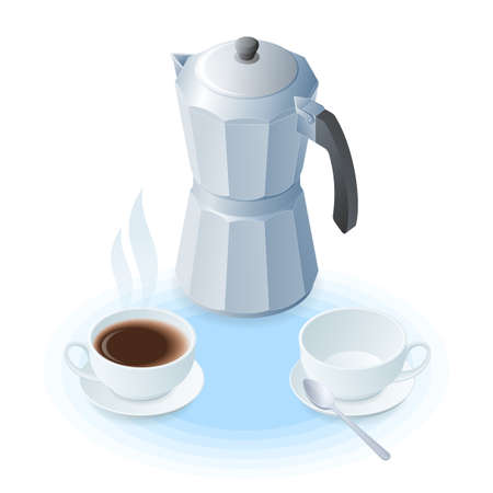 Flat isometric illustration of coffee maker, ceramic cup with coffee and empty. The coffee pot, cups with hot beverage and with spoon. A breakfast, drink vector elements isolated on white background.のイラスト素材
