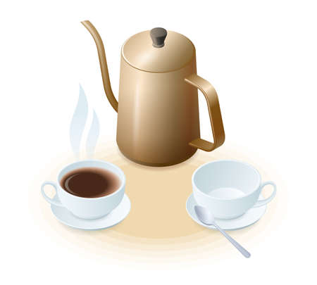Flat isometric illustration of coffee pot, porcelain cup with coffee and empty. The coffee maker, cups with hot beverage and with spoon. A reakfast, drink vector elements isolated on white background.のイラスト素材