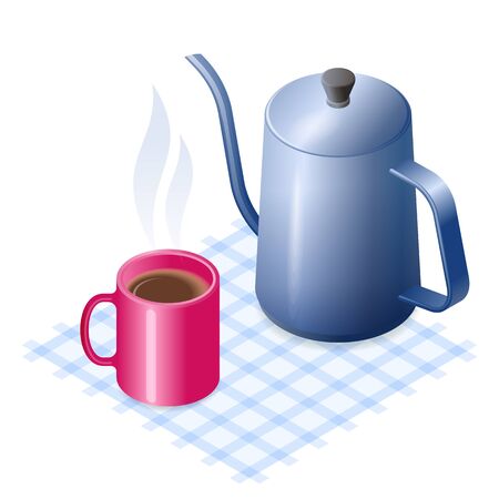 Flat isometric illustration of ceramic mug of coffee and metal coffeepot. The hot beverage in the coffee cup and coffee pot. A food, breakfast, drink vector elements isolated on white background.のイラスト素材