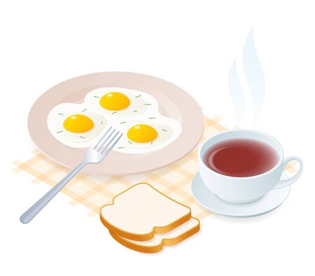 Flat isometric illustration of plate with scrambled eggs, fork, teacup. The dish with fried omelette, a cup of hot herbal tea. Vector food, breakfast elements isolated on white background.のイラスト素材