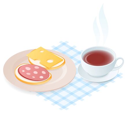 Flat isometric illustration of plate with cheese, sausage sandwiches. The dish with bread pieces, sausage and cheese slices, a cup of hot black tea. Vector food elements isolated on white background.のイラスト素材