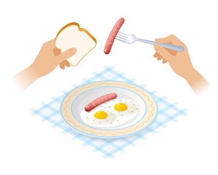 Flat isometric illustration of dish with omelette and hands holding piece of bread and pork sausage. The breakfast: fried scrambled eggs, fork with sausage, toast. Vector isolated on white background.のイラスト素材