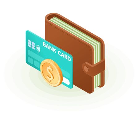 Flat isometric illustration of the wallet with banknotes, credit card, pile of coins. The business growth, money, earnings, profit, success, vector concept isolated on white background.のイラスト素材