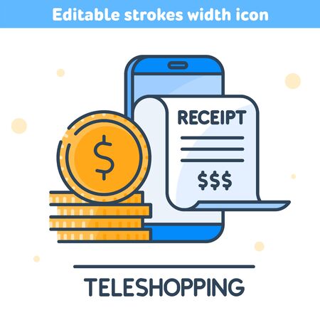 Online shopping, digital marketing, teleshopping concept vector illustration. Linear symbol of smartphone, paper receipt bill, stack of coins. The online bill purchase with mobile phone outline icon.のイラスト素材