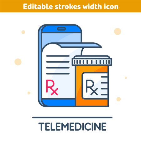 The telemedicine outline icon. Linear symbol of smartphone, Rx prescription from the screen, orange pill bottle. Modern medical technologies concept vector illustration with editable strokes width.のイラスト素材