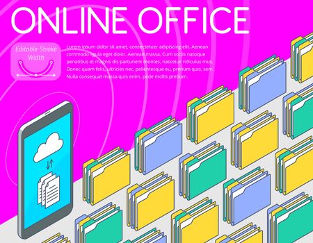 Online office concept vector illustration. A mobile phone with e-documents, cloud storage icons at the screen. A lot of folders with paper documents on the desktop. The 3d isometric pattern template.のイラスト素材