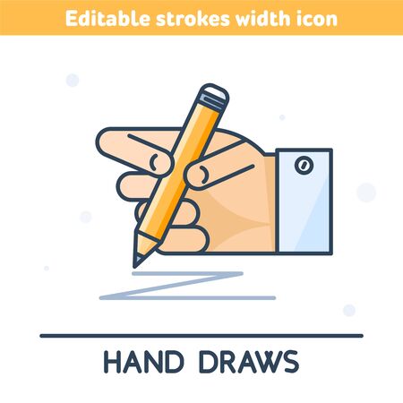 The outline icon of hand holding a pencil. A linear symbol of hand drawing with a pencil. Concept of sketching, school geometry, construction, editing. Vector illustration with editable strokes width.のイラスト素材