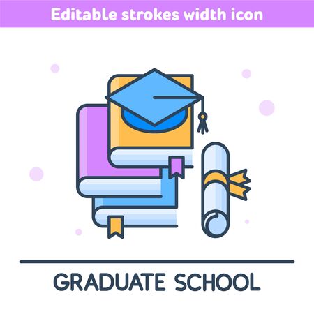 The graduate school outline icon. A linear symbol of stack of textbooks, graduation hat and diploma. Concept of university learning and education. Vector illustration with editable strokes width.のイラスト素材
