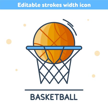 Orange ball in the basket. Outline colorful icon. A linear symbol of school basketball game. Concept of streetball, sport competition, Back to school. Vector illustration with editable strokes width.のイラスト素材