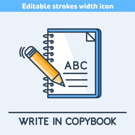 A school copybook outline color icon. A study notebook and pencil linear symbol. Concept of education, Back to school. A pen is writting a letters. Vector illustration with editable strokes width.のイラスト素材