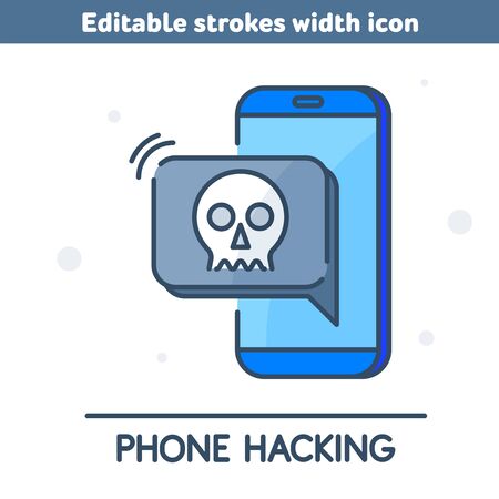 A hackers hacked the phone and stole the data. A thieves demand money via mobile app. The smartphone security and protection outline icon. Concept vector illustration with editable strokes width.のイラスト素材