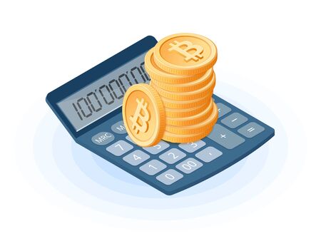 Flat isometric illustration of pile of bitcoins on the office accounting electronic calculator. The business growth, earnings, e-commerce, blockchain, cryptocurrency, profit, success vector concept.のイラスト素材