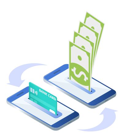 The money transfer process. Flat isometric isolated illustration. The sending and receiving banknotes with mobile phones and credit card. The banking, transaction, payment, business vector concept.のイラスト素材