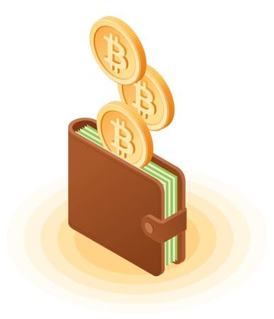 Flat isometric illustration of bitcoins dropping into wallet.のイラスト素材