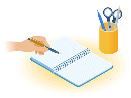 Flat vector isometric illustration of copybook, hand holding a pen, desktop organizer. Office, business workplace concept: paper notepad, stationery. School, education workspace paperwork supplies.のイラスト素材