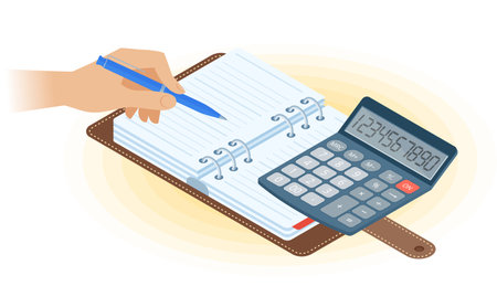 Flat vector isometric illustration of agenda, hand writing with pen, math calculator. Office, business workplace concept: paper planner, accounting calculator. School, education workspace supplies.のイラスト素材
