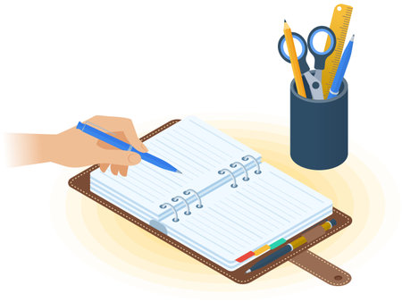 Flat vector isometric illustration of agenda, hand holding a pen, desktop organizer. Office, business workplace concept: paper planner, stationery. School, education workspace paperwork supplies.のイラスト素材