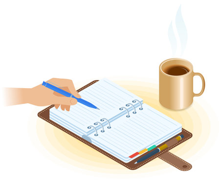 Flat vector isometric illustration of agenda, hand writing with pen, mug of coffee. Office and business breakfast workplace concept: paper planner, hot cup. School, education workspace supplies.のイラスト素材