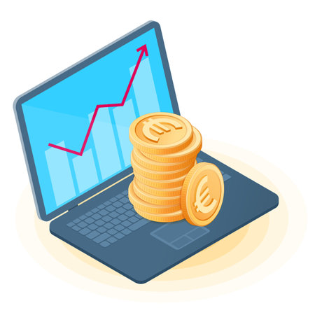 Flat isometric illustration of pile of euro coins on the office laptop, increasing graph on the screen. Business growth, money, european currency, earnings, profit, success, isolated vector concept.のイラスト素材