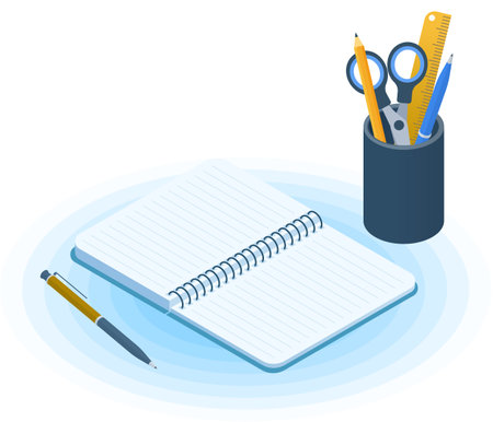 Flat vector isometric illustration of opened copybook, pen, desktop organizer. Office and business workplace concept: paper notepad and stationery. School and education workspace paperwork supplies.のイラスト素材