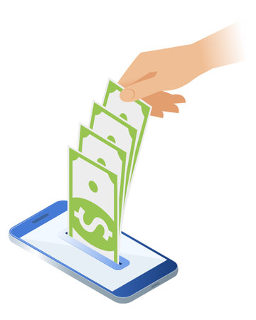 Flat isometric illustration of a hand is taking banknotes out of a slot at the smart phone screen. The businessman's hand is holding and getting out money. Vector business concept isolated on white.のイラスト素材