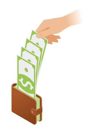 Flat isometric illustration of a hand is getting banknotes out of a wallet with. The businessman's hand is holding and taking out paper money. Vector business concept isolated on white background.のイラスト素材