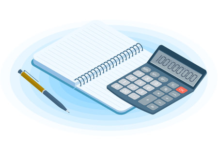 Flat vector isometric illustration of opened copybook, pen, electronic calculator. Office and business workplace concept: paper notepad and accounting calculator. School, education workspace supplies.のイラスト素材