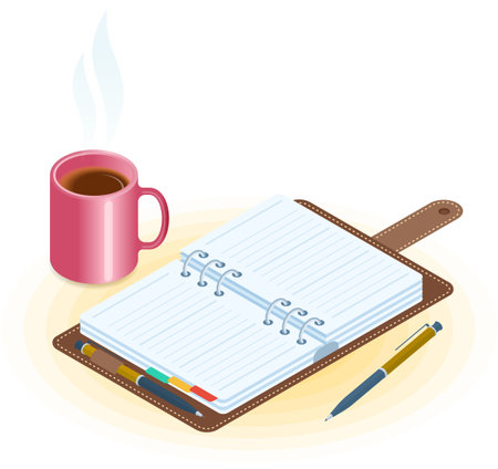 Flat vector isometric illustration of opened planner, pen, mug of coffee. Office and business breakfast workplace concept: paper agenda and hot cup. School and education workspace supplies.のイラスト素材