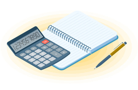 Flat vector isometric illustration of opened notebook, pen, electronic calculator. Office and business workplace concept: paper notepad and accounting calculator. School, education workspace supplies.のイラスト素材
