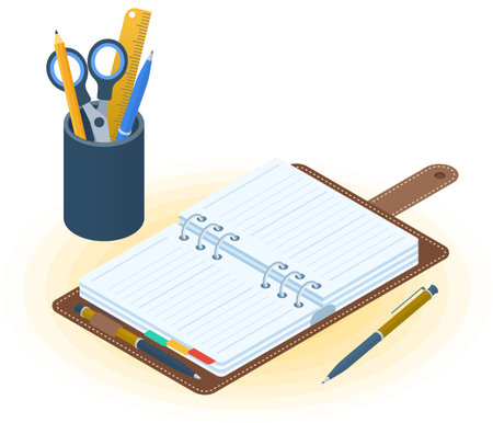 Flat vector isometric illustration of opened planner, pen, desktop organizer. Office and business workplace concept: paper notepad and stationery. School and education workspace paperwork supplies.のイラスト素材