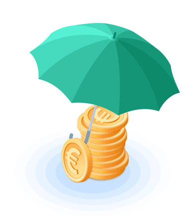 Flat isometric illustration of pile of euro coins under the umbrella. The reliability and safety of deposits, european currency, money protection, cash care, business, banking isolated vector concept.のイラスト素材
