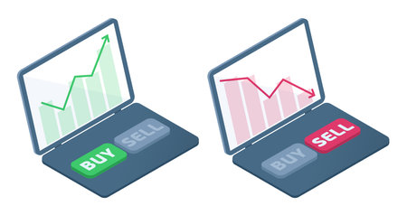 The laptop with stock quote charts on the screen. The fall and the increase in the shares price graphs. The trader's computer, selling and buying buttons. Business flat isometric concept illustration.のイラスト素材