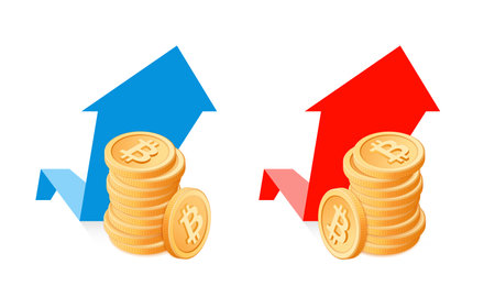 Flat isometric illustration of stack of dollar coins on a increase graphs background. The growth business, growing money, digital crypto currency, profit, wealth, blockchain, vector isolated concept.のイラスト素材