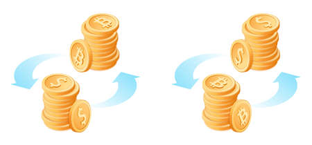 The exchange of bitcoins to dollars. The currency conversion process. Flat vector isometric illustration of bit coins stack and metal dollars pile. The money, business, banking, transaction concept.のイラスト素材