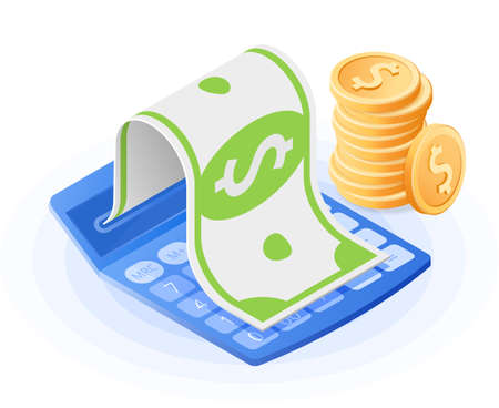 The mathematics calculator, paper dollar, stack of coins. Flat vector isometric illustration. The commercial success, account balance calculation, financial advising, finance control business concept.のイラスト素材