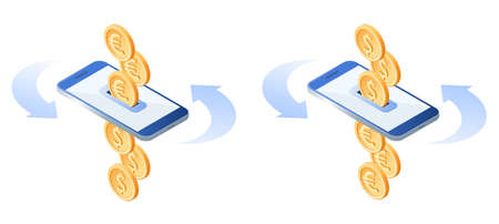 The exchange of euros to dollars. The currency conversion process. Flat vector isometric illustration of euro coins, metal dollars, smart phone. The mobile banking, money, business, transfer concept.のイラスト素材