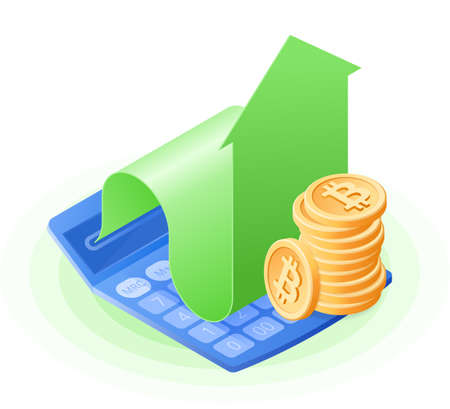 The math calculator, growing arrow graph, stack of bitcoins. Flat vector isometric illustration. The finance success, cyber money, cryptocurrency, online banking, stock market business conceptのイラスト素材