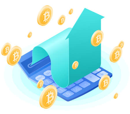 The accountant calculator, increasing arrow, bitcoins gold rain. Flat vector isometric illustration. The finance success, blockchain, cyber money, cryptocurrency, stock exchange, business concept.のイラスト素材