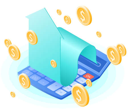 The math calculator, growing arrow, dollars gold rain. Flat vector isometric illustration. The finance success, win, profit, mobile  banking, stockmarket, investment, growing money business concept.のイラスト素材