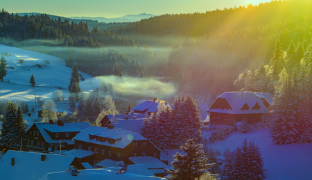 Small village Kvilda in National Park Sumava before day. Czech Republicの写真素材