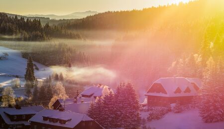 Small village Kvilda in National Park Sumava before day. Czech Republic