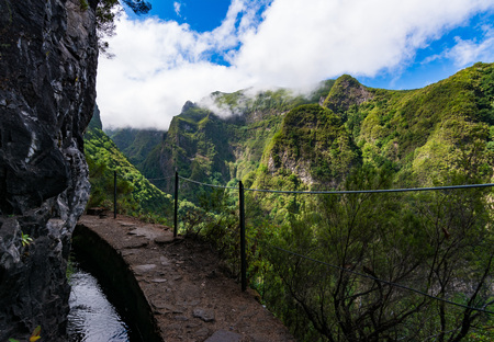 Mountain path with view into heart of Madeira islandの写真素材