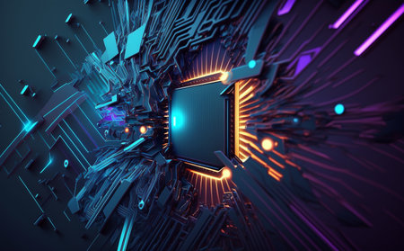 Abstract and colorful technology background with circles lines and circuits