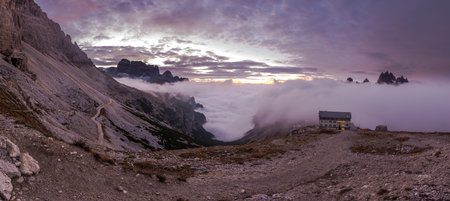Foggy morning - Panoramic view of Dolomites Alpsのeditorial素材