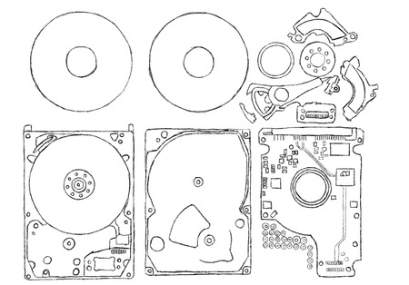 Pencil illustration of hard disk drive components neatly laid outの写真素材