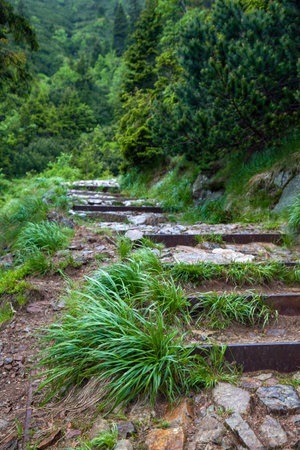 mountain reinforced stairs, stone mountain steps, mountainsの写真素材