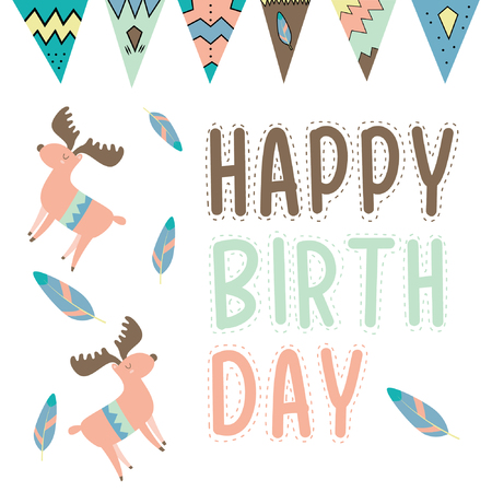 Cute Birthday card with deer and bannersのイラスト素材